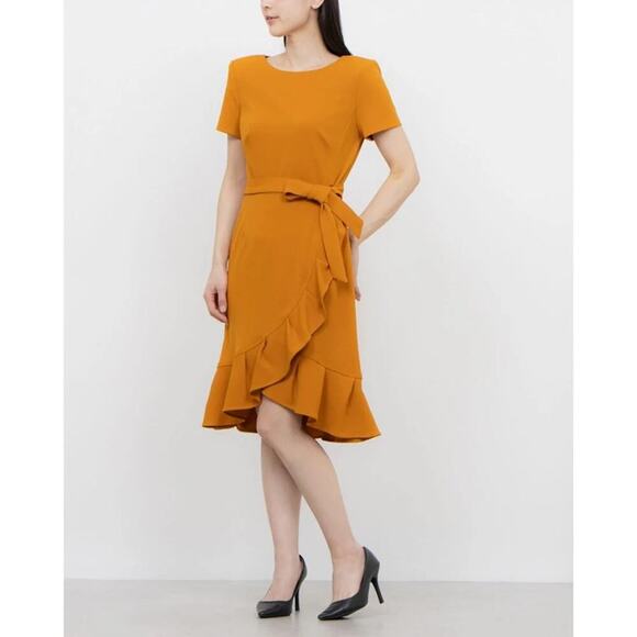 New Calvin Klein Tan Brown Short Sleeve Ruffle Wrap Dress - Picture 1 of 6